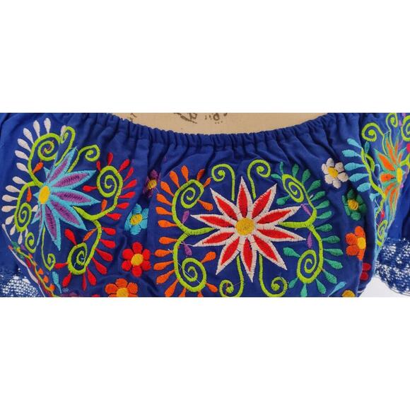 New Mexican Peasant Embroidered Blouse Off Shoulder Floral Top Handmade Sz M - Picture 7 of 8